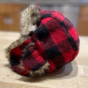 Toddler size 2-3 hat with ear flaps in plaid warm and cozy winter hat